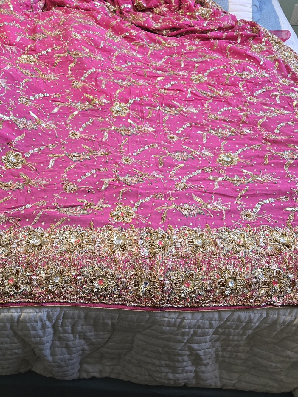 Pink Heavily Beaded & Sequined Silk Wedding Saree With Blouse